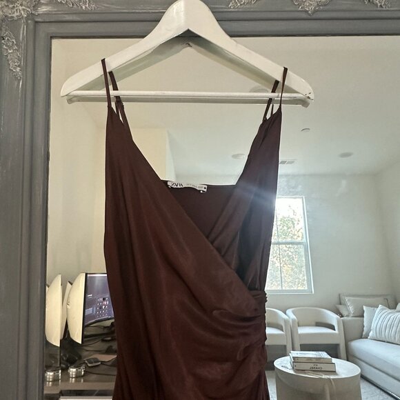 Zara Brown Surplice V-neck Satin Slip Midi Dress Side Slit Size Small - Picture 6 of 12